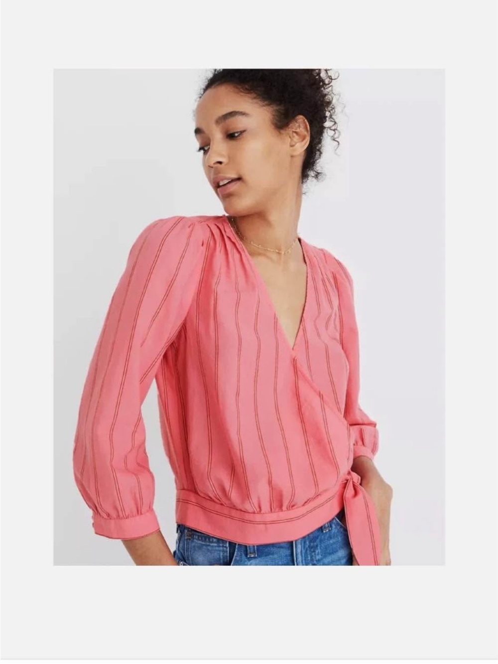 Madewell Wrap Top in Cecelia Stripe Blouse Pink Red J2272 Women’s Small